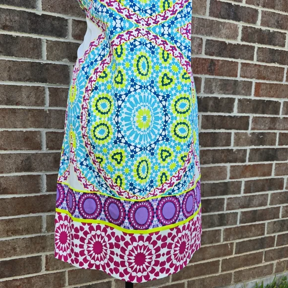 London Style Colorful Geometric Print Dress Size 12 Sleeveless Midi Summer Dress - Picture 3 of 11